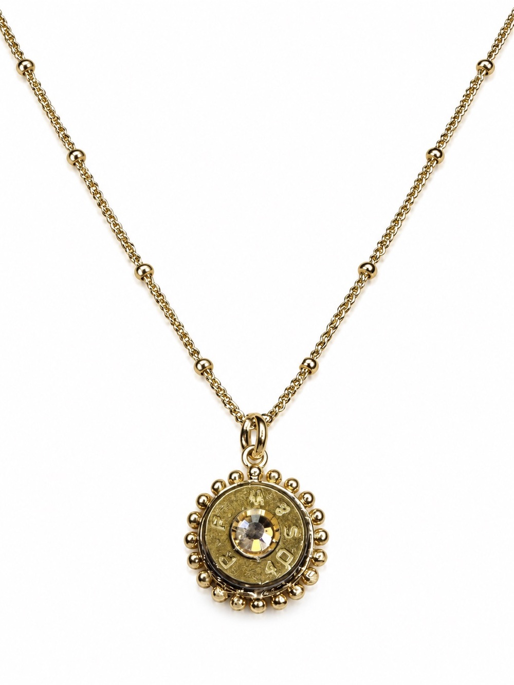 Repurposed Cartridge Headstamp Citrine Rhinestone Gold-Tone Pendant